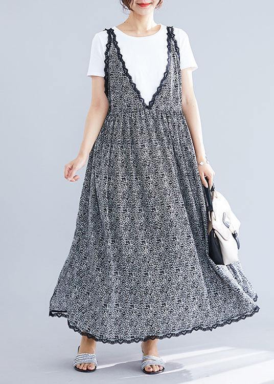 Floral Print V-Neck Lace Trim Scalloped Hem Sleeveless Maxi Dress