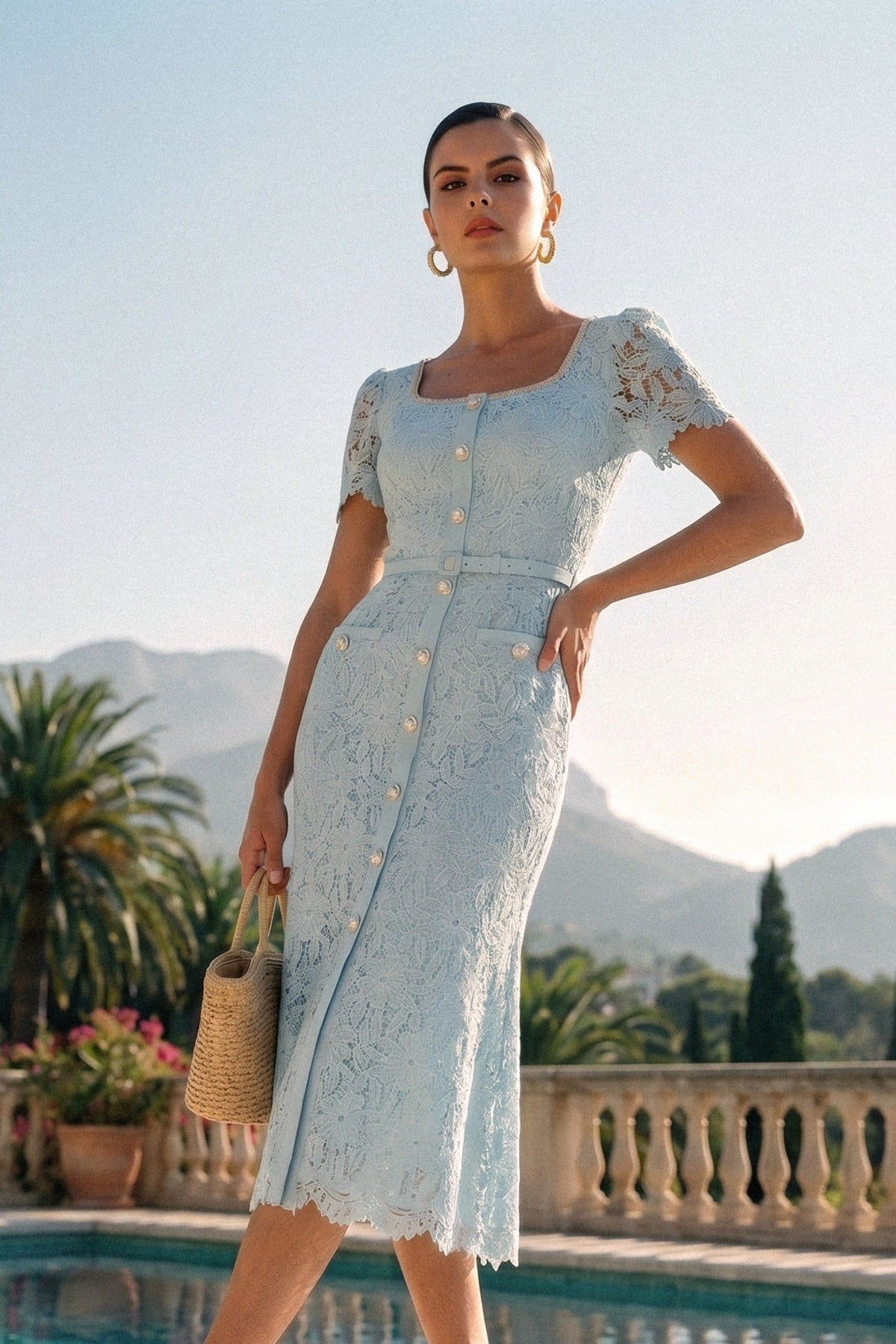 Delicate Azure Lace Midi Dress - Baby Blue - View 3