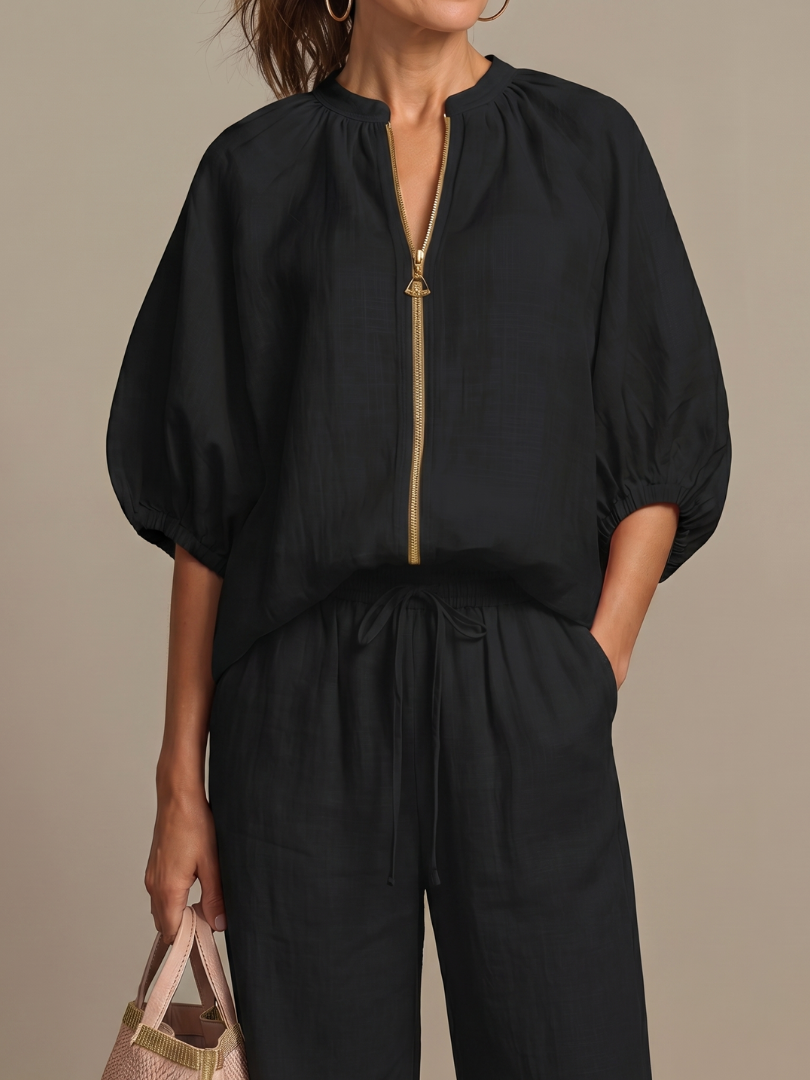 Puff Sleeve Zip Front Top and Wide Leg Pants Two Piece Set 16