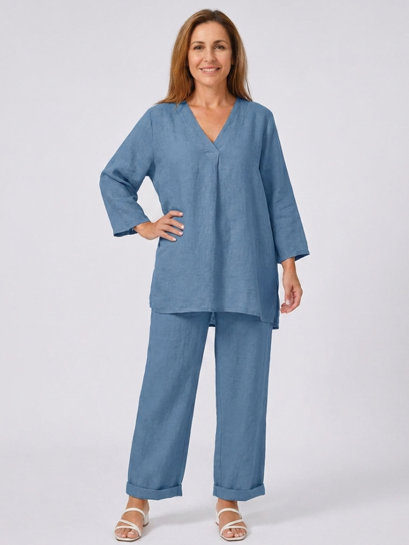 V-Neck Long Sleeve Tunic Top and Pants Two Piece Set