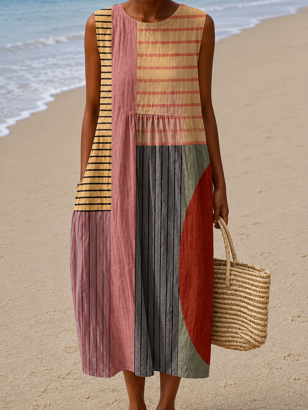 Patchwork Striped Colorblock Sleeveless Midi Dress