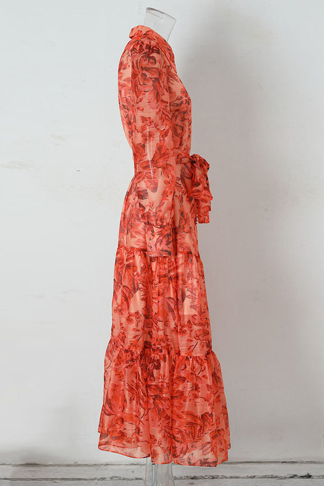 Floral Balloon Sleeve Collar Button Front Tie Waist Tiered Maxi Shirt Dress - View 2