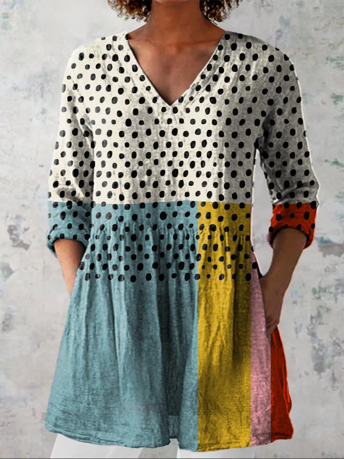 Polka Dot Colorblock V-Neck Long Sleeve Peplum Tunic Blouse