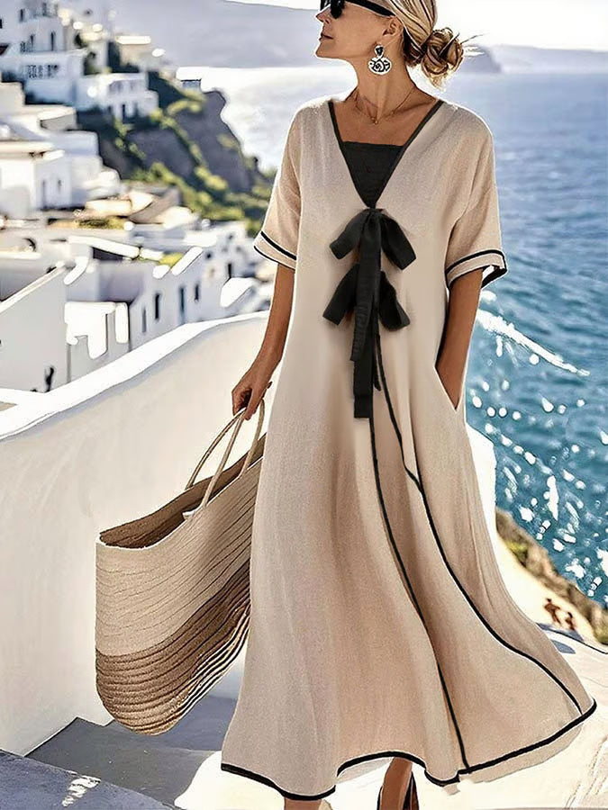 Contrast Trim Bow Front V-Neck Short Sleeve Maxi Dress 2