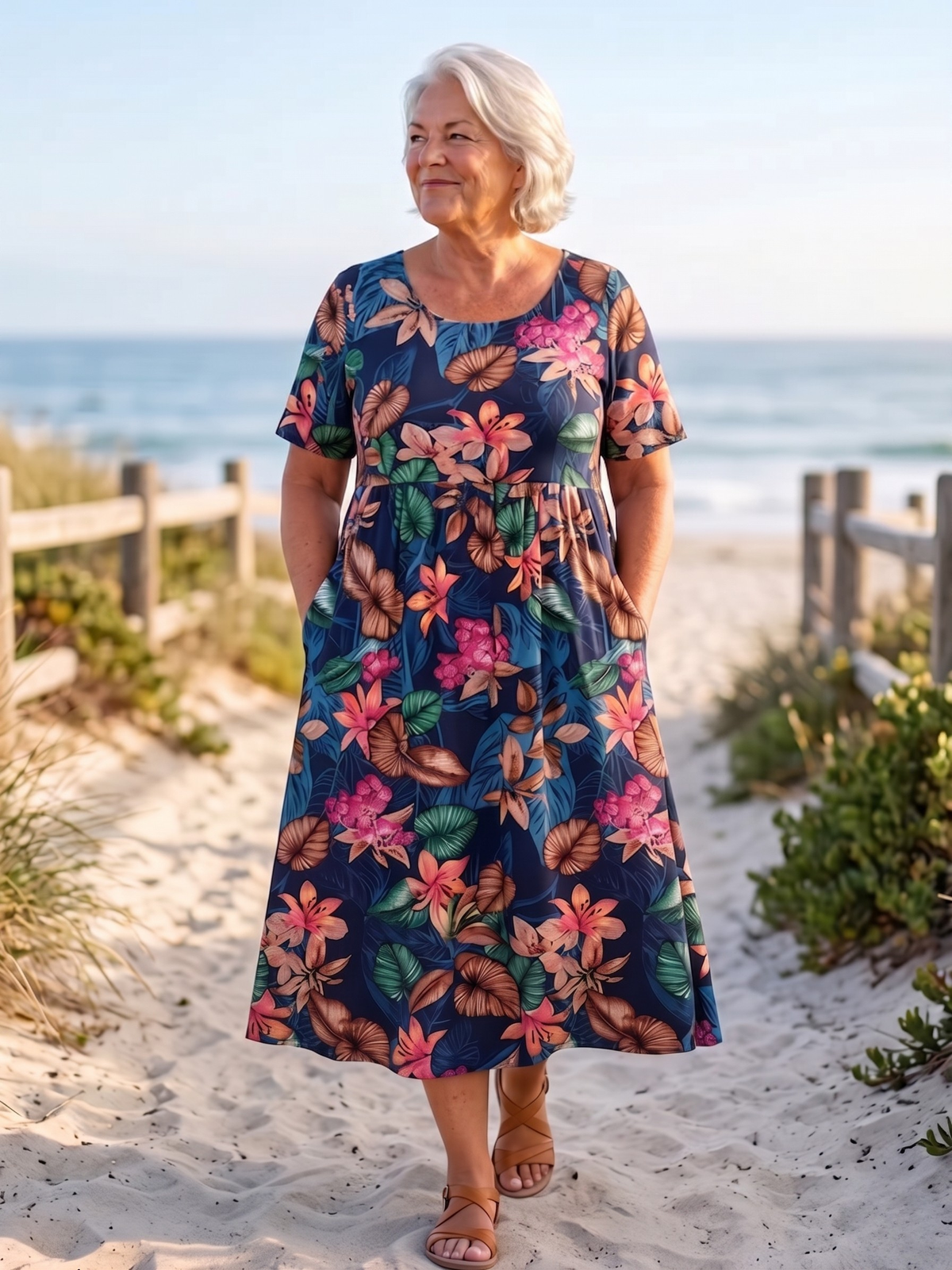 Tropical Floral Scoop Neck Short Sleeve Pocket Midi Dress 5
