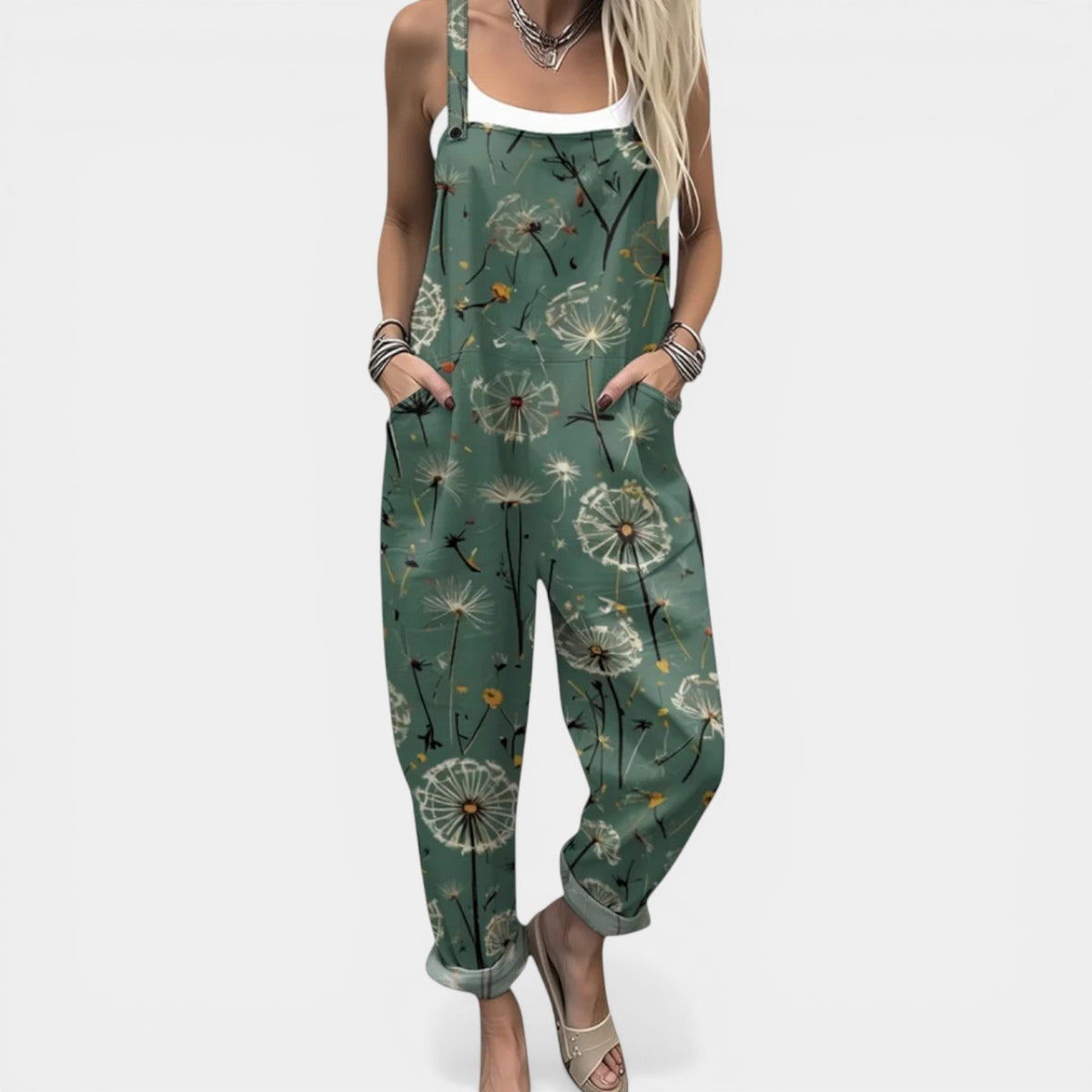 Dandelion Print Sleeveless Pocket Overall Jumpsuit