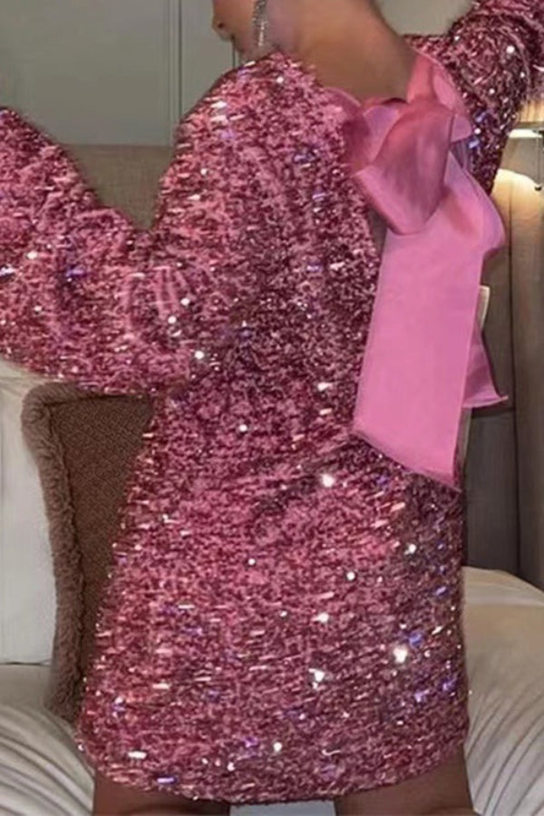 Sequin Round Neck Long Sleeve Oversized Swing Mini Dress - View 3