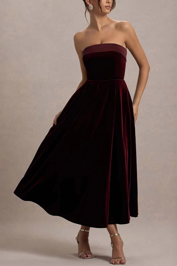 Velvet Strapless Fit and Flare A-Line Midi Dress - View 2