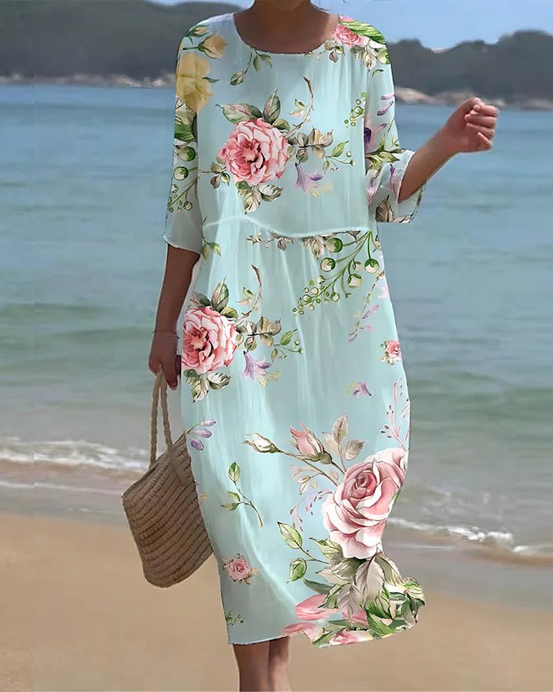 Floral Round Neck Three Quarter Sleeve Midi Dress 2