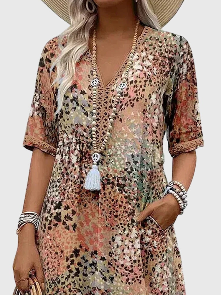 Abstract Print V-Neck Short Sleeve Tiered Midi Dress 7