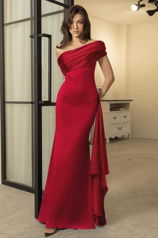 One Shoulder Tulle Sash Slim Fit Long Formal Dress - View 4