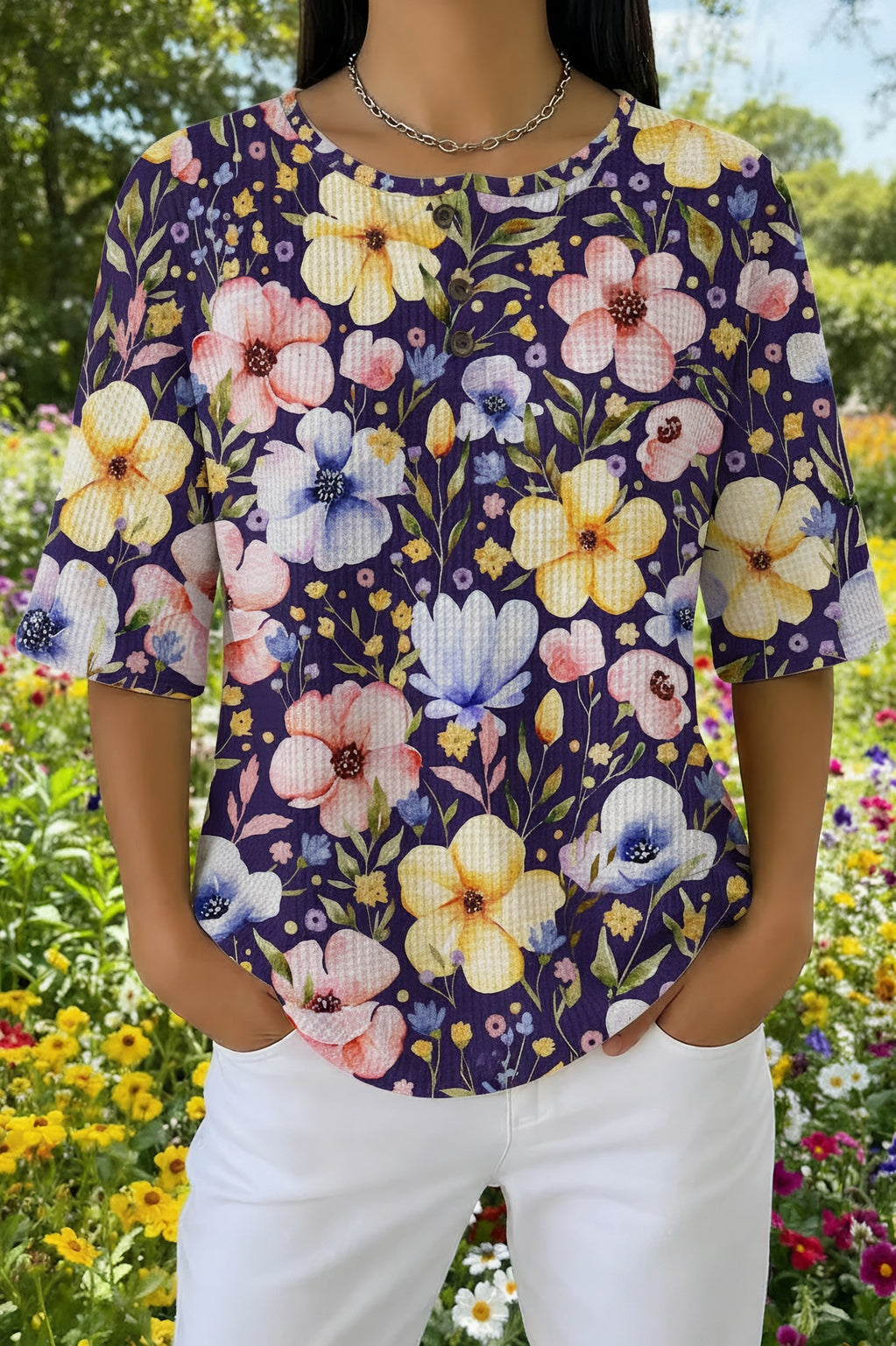 Floral Print Waffle Knit Short Sleeve Henley Top