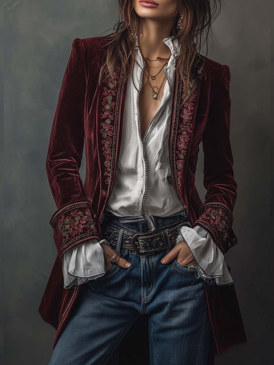 Embroidered Velvet Look Longline Blazer Jacket 11