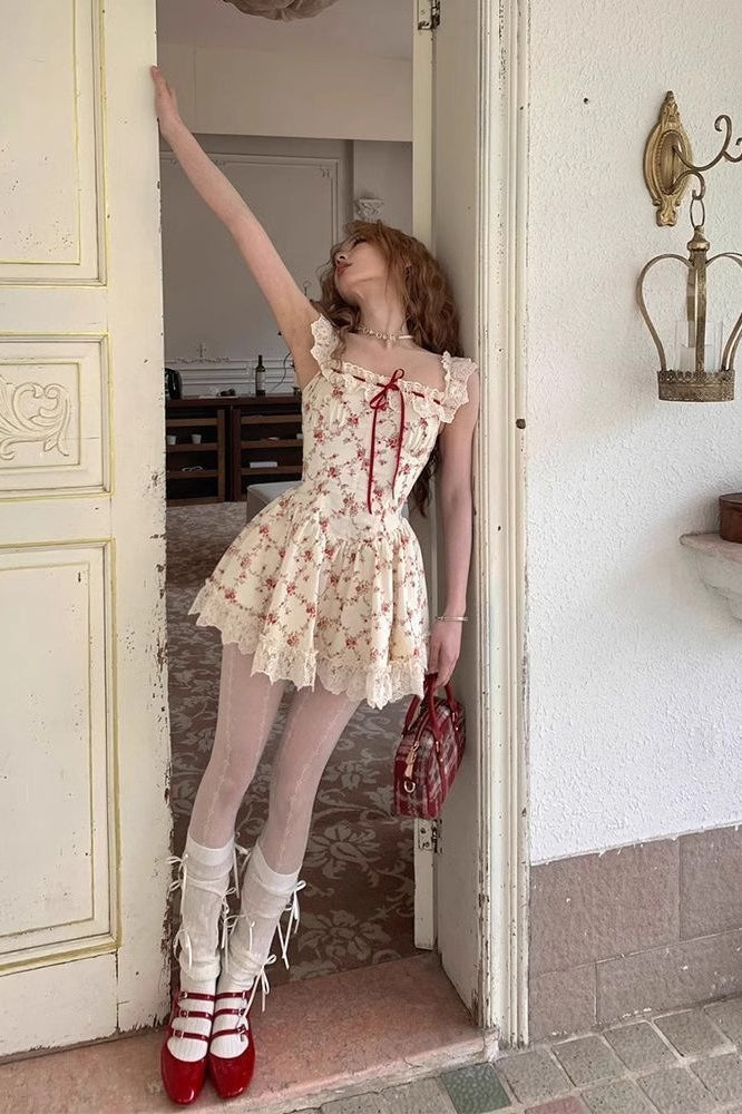 Floral Lace Trim Bow Fit and Flare Mini Dress