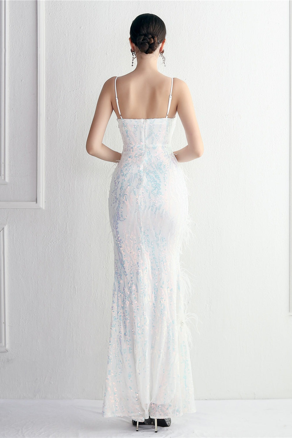 Sequin Deep V-Neck Spaghetti Strap Feather High Split Gown - View 12