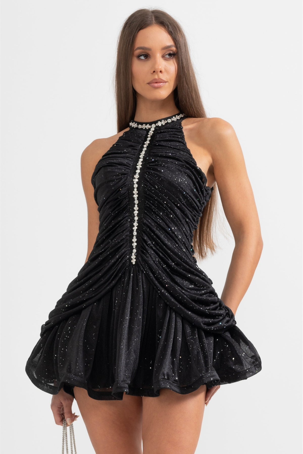 Halter Neck Rhinestone Trim Ruched Glitter Ruffle Hem Mini Dress