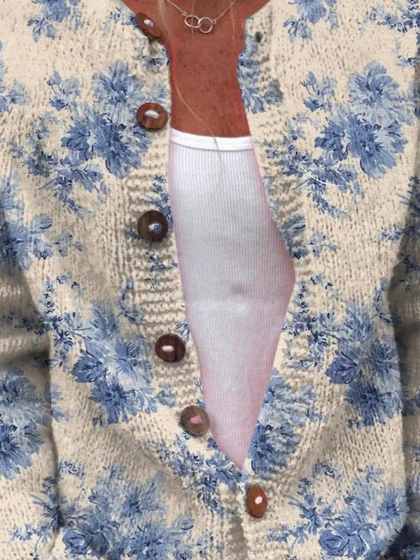 Floral Round Neck Button Front Knit Cardigan 2