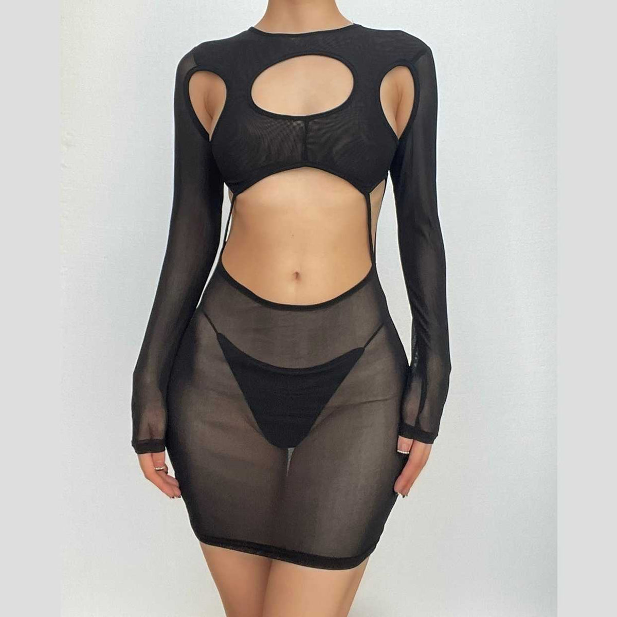 Long sleeve hollow out sheer mesh see through mini dress