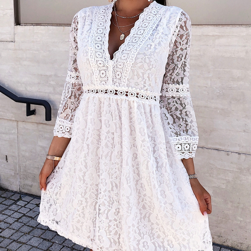 Lace Deep V-Neck Long Sleeve Empire Waist A-Line Mini Dress