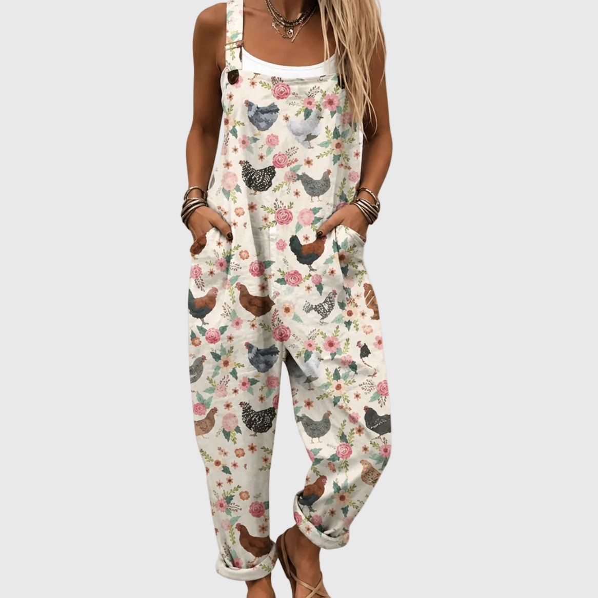 Chicken Floral Print Bib Pocket Overall Jumpsuit