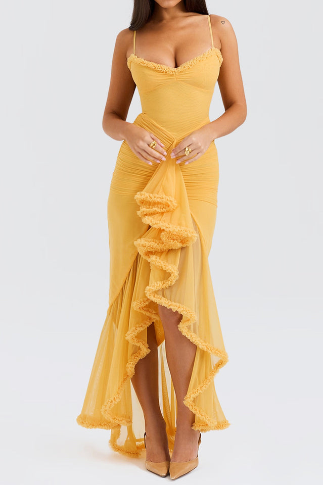 Chiffon Spaghetti Strap Sweetheart Ruched Cascading Ruffle Gown