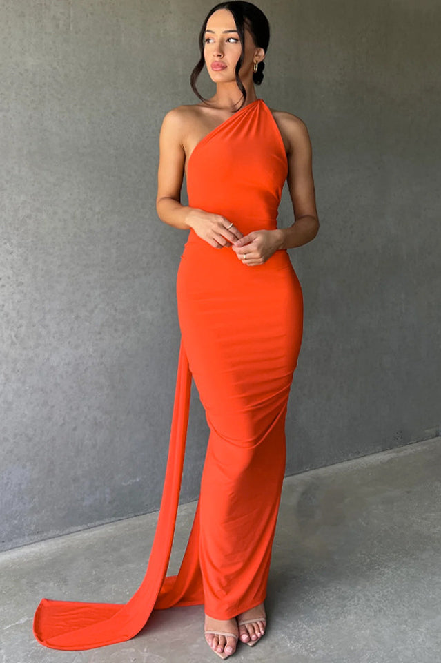 One Shoulder Ruched Open Back Trailing Sash Floor Length Gown 26