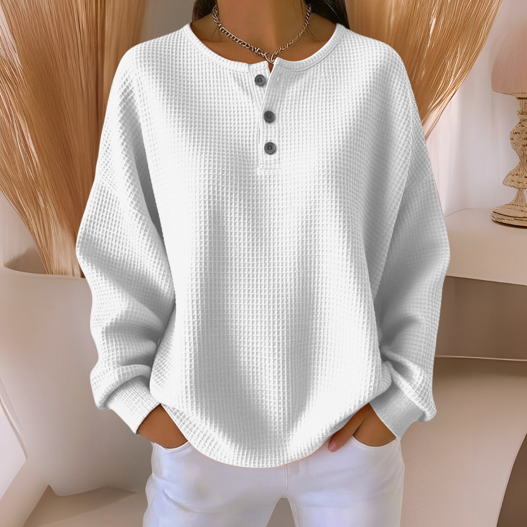 Waffle Knit Button Henley Long Sleeve Top 2