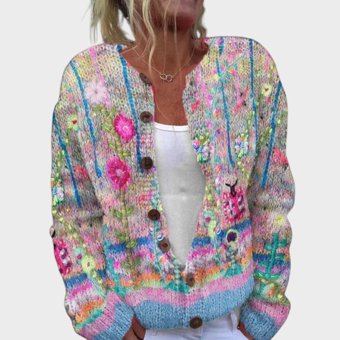 Floral Embroidered Round Neck Button Front Chunky Knit Cardigan