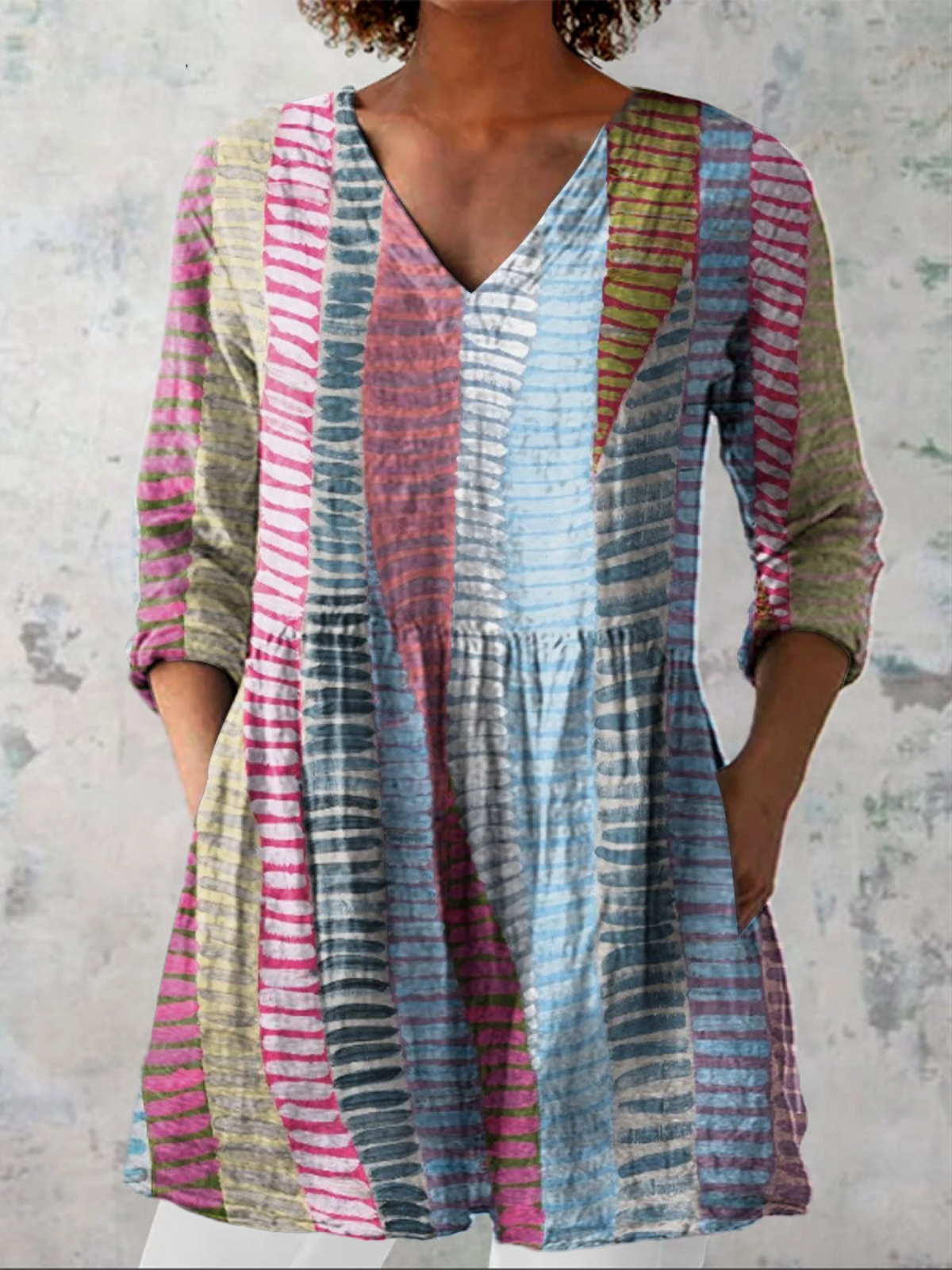Striped Print V-Neck Long Sleeve Peplum Tunic Blouse