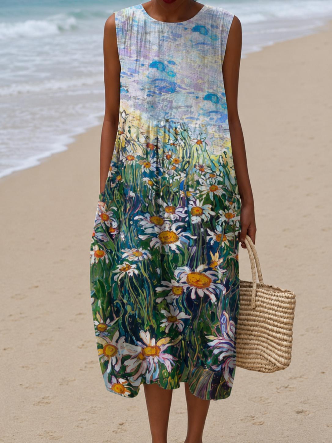 Daisy Floral Print Crew Neck Sleeveless Midi Beach Dress