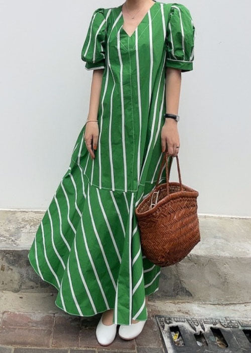 Striped V-Neck Puff Sleeve Tiered Flounce A-Line Maxi Dress - View 2