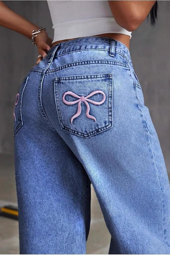 High-Waist Embroidered Wide-Leg Denim Jeans