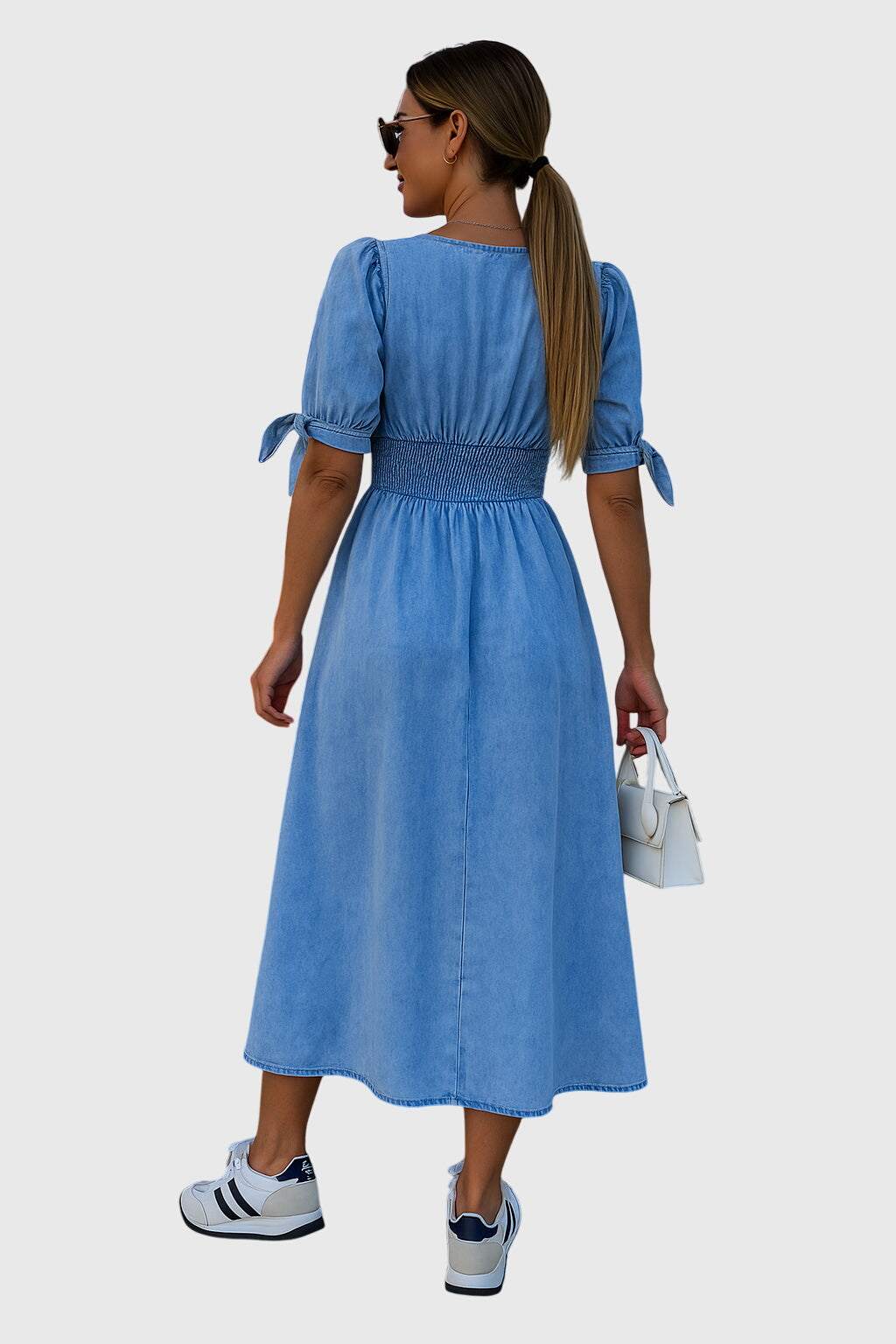 V-Neck Tie Sleeve Button Front Denim Midi Dress 2