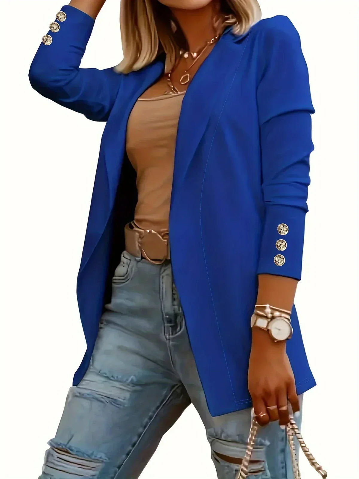 Notch Lapel Button Cuff Open Front Blazer 4