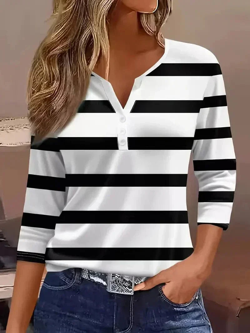 Striped V-Neck Button Henley Long Sleeve Top 3