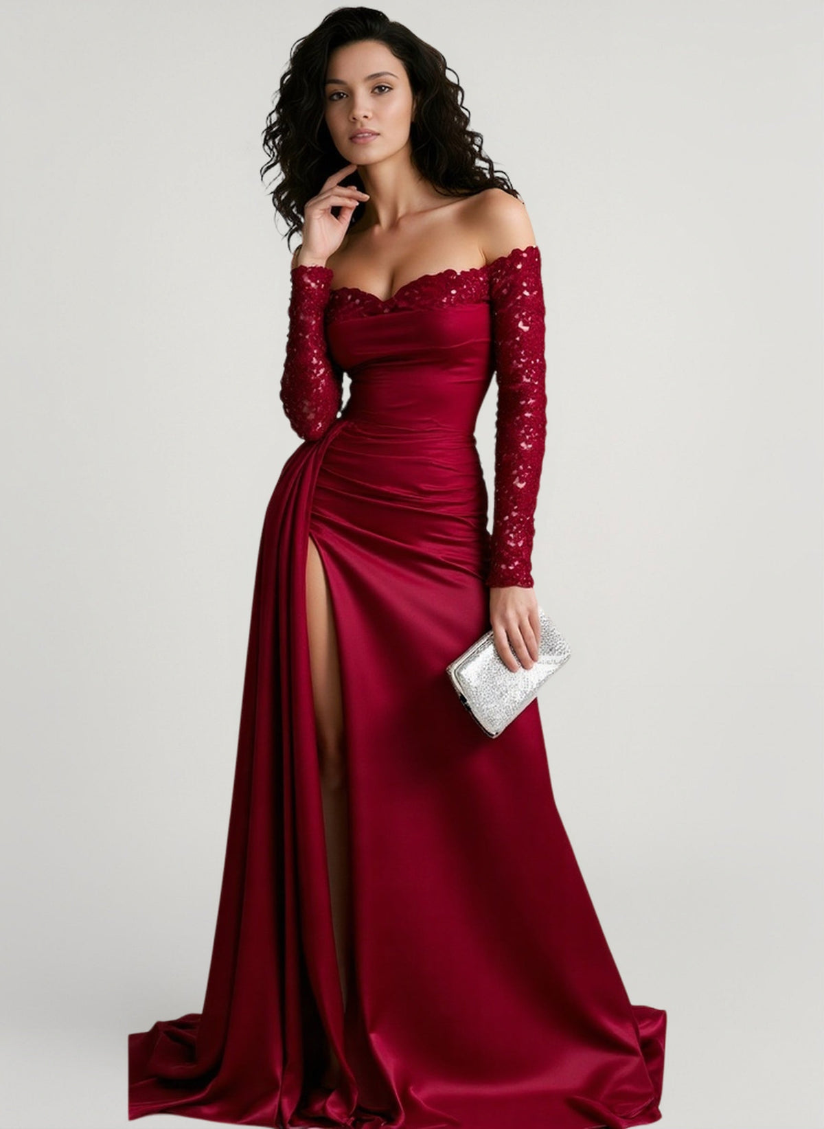 Sequin Off Shoulder Long Sleeve Pleated Satin A-Line Ball Gown - View 5