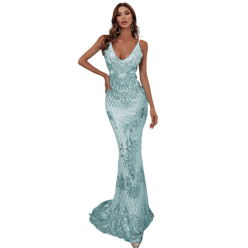 Sequin V-Neck Spaghetti Strap Mermaid Gown - View 5