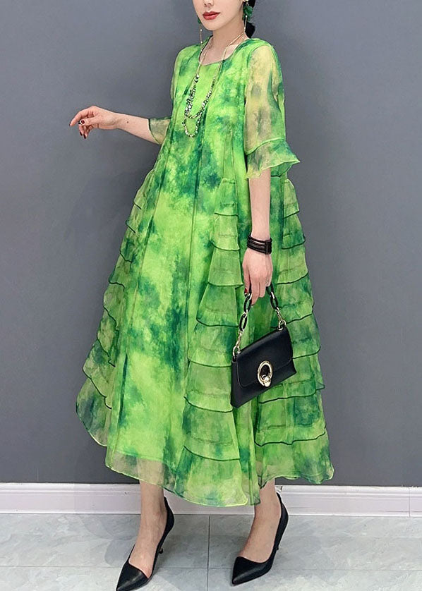 Tie Dye Round Neck Ruffle Sleeve Tiered Ruffle Chiffon Midi Dress - View 3