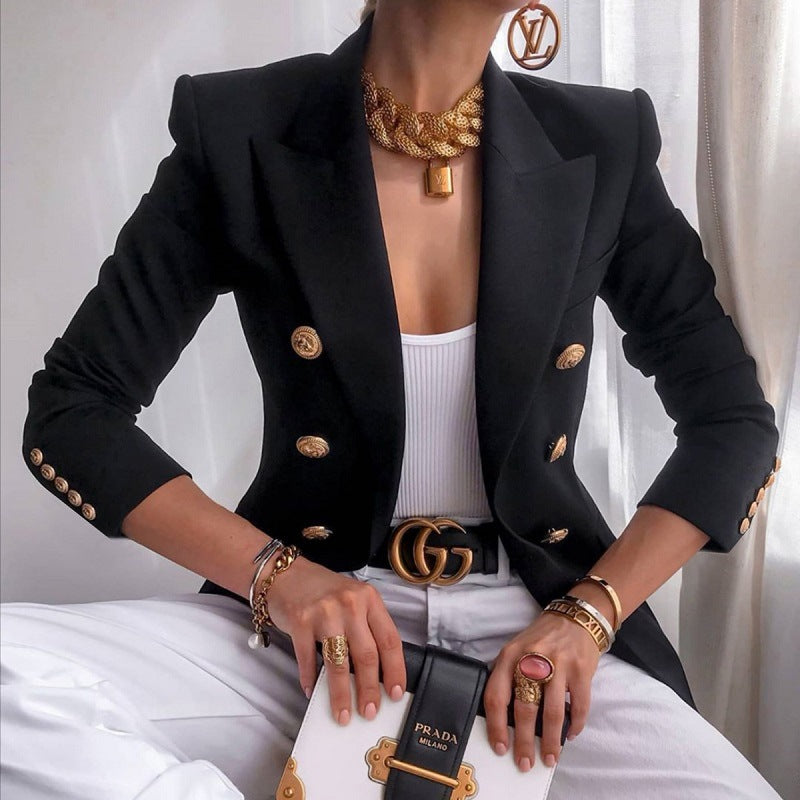 Peak Lapel Double Breasted Gold Button Blazer 3