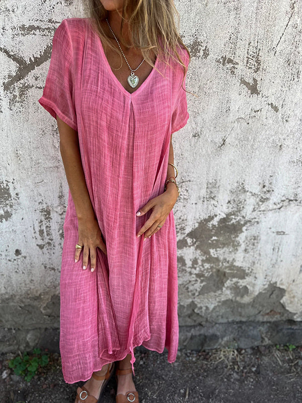 Deep V-Neck Short Sleeve Crinkled Pleat Front Relaxed Maxi Dress - View 4