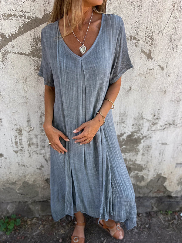 Deep V-Neck Short Sleeve Crinkled Pleat Front Relaxed Maxi Dress - View 11
