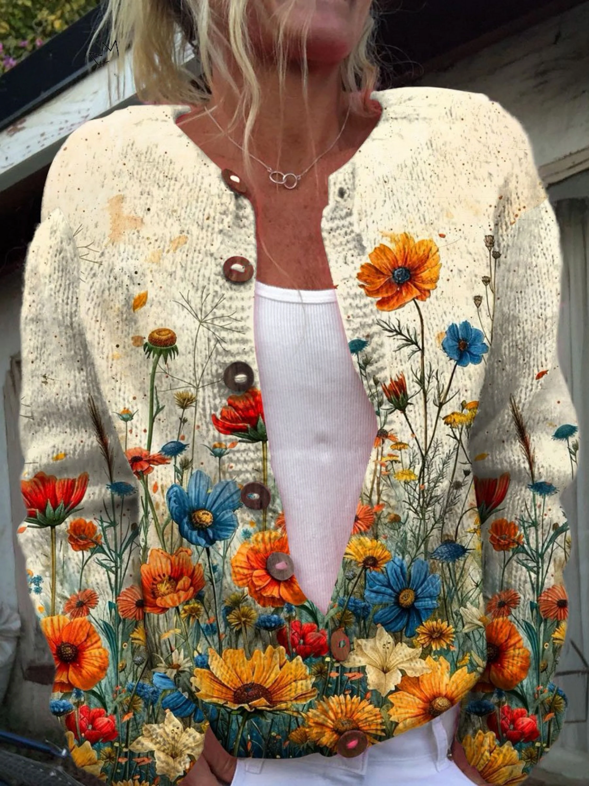 Wildflower Print Round Neck Button Front Cardigan