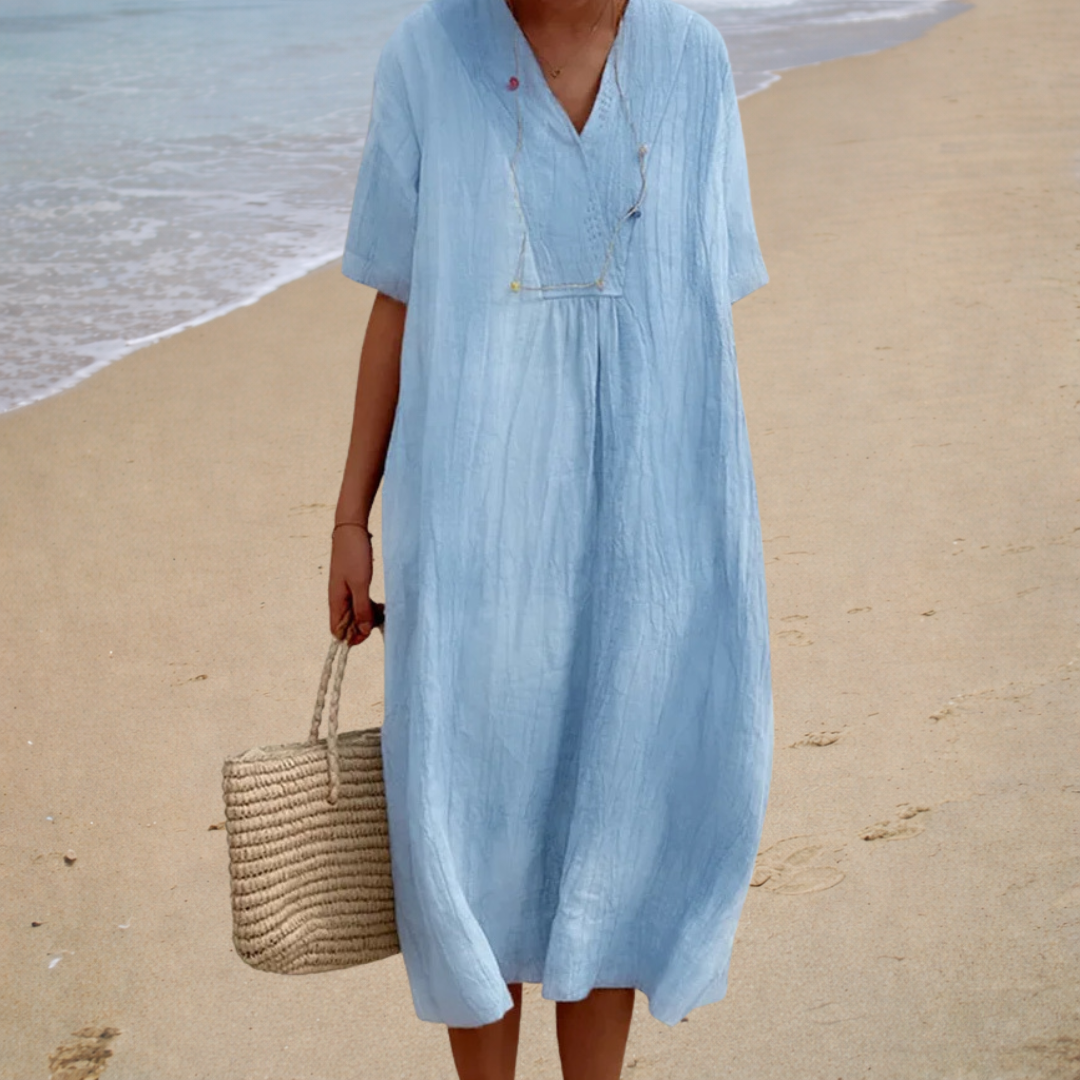 V-Neck Short Sleeve Textured Linen Midi Dress