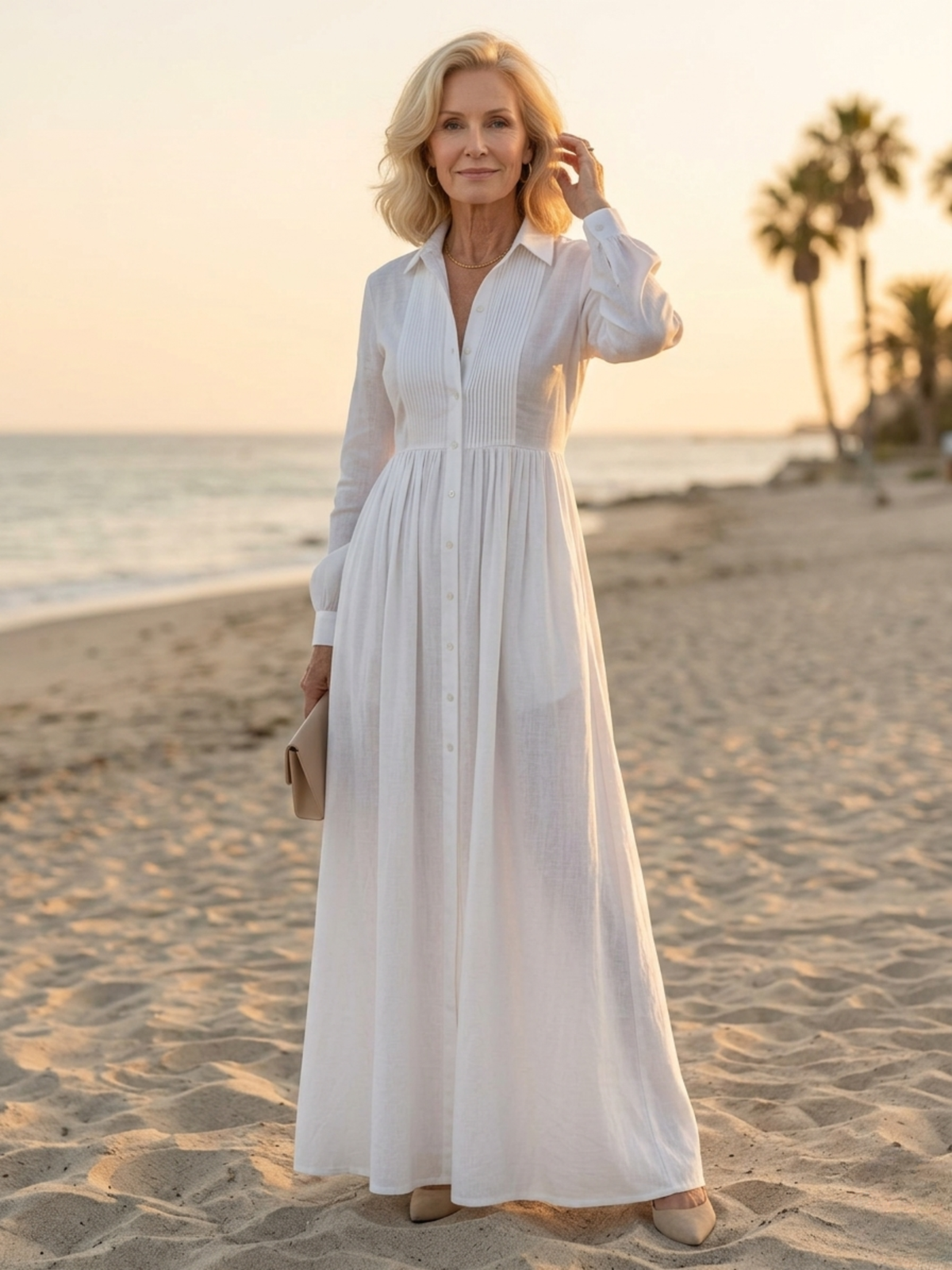 Collared Button Front Long Sleeve Pintuck Shirt Maxi Dress