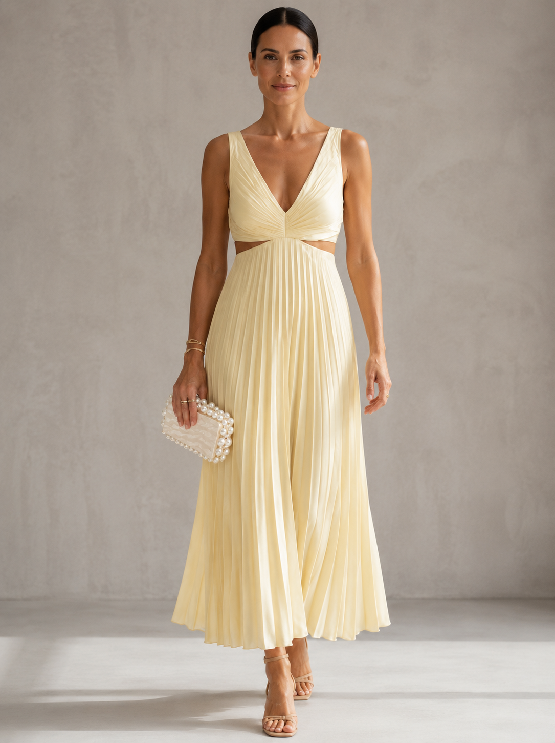 Deep V-Neck Sleeveless Cut Out Pleated Maxi Dress
