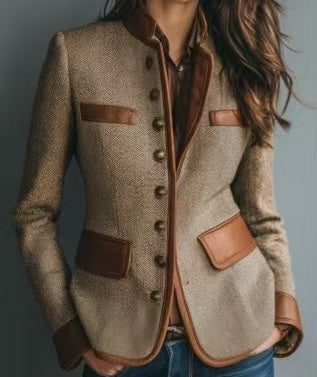 Stand Collar Faux Leather Trim Button Front Tweed Blazer 2