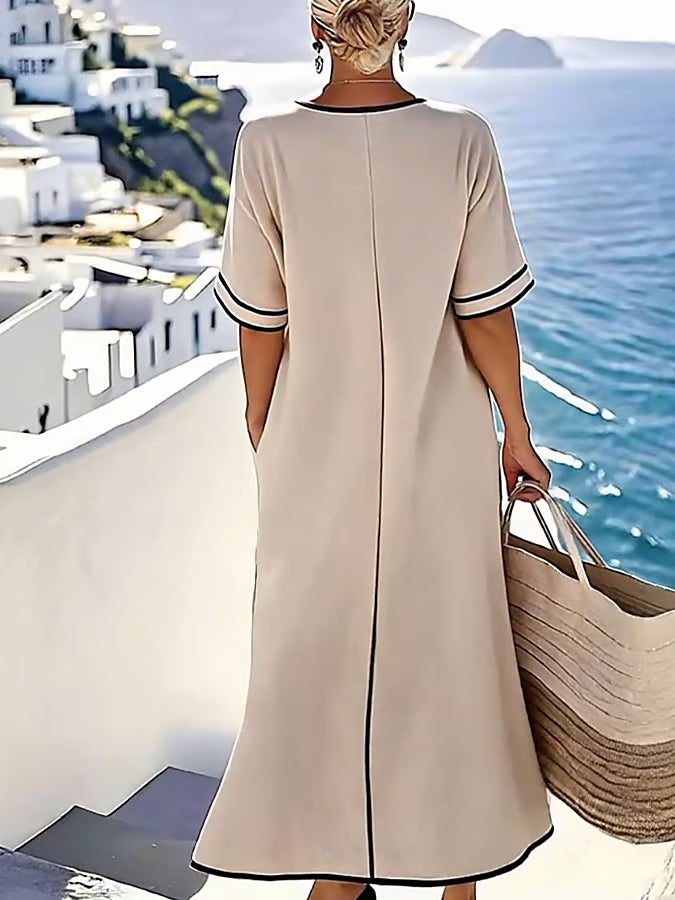 Contrast Trim Bow Front V-Neck Short Sleeve Maxi Dress 3