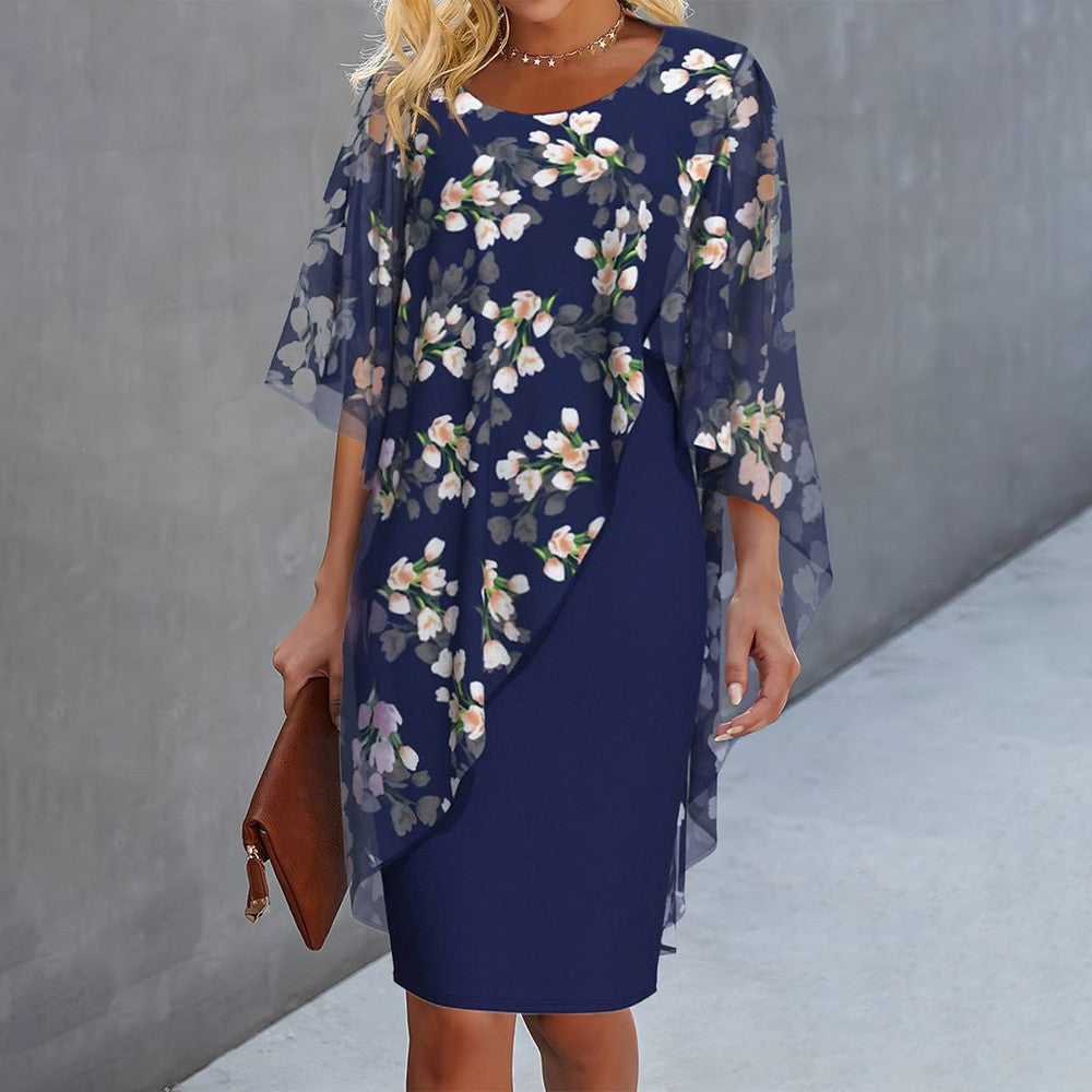 Floral Chiffon Overlay Asymmetrical Flutter Sleeve Sheath Midi Dress