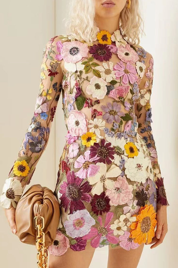 Floral Applique Long Sleeve Sheer Bodycon Mini Dress - View 3