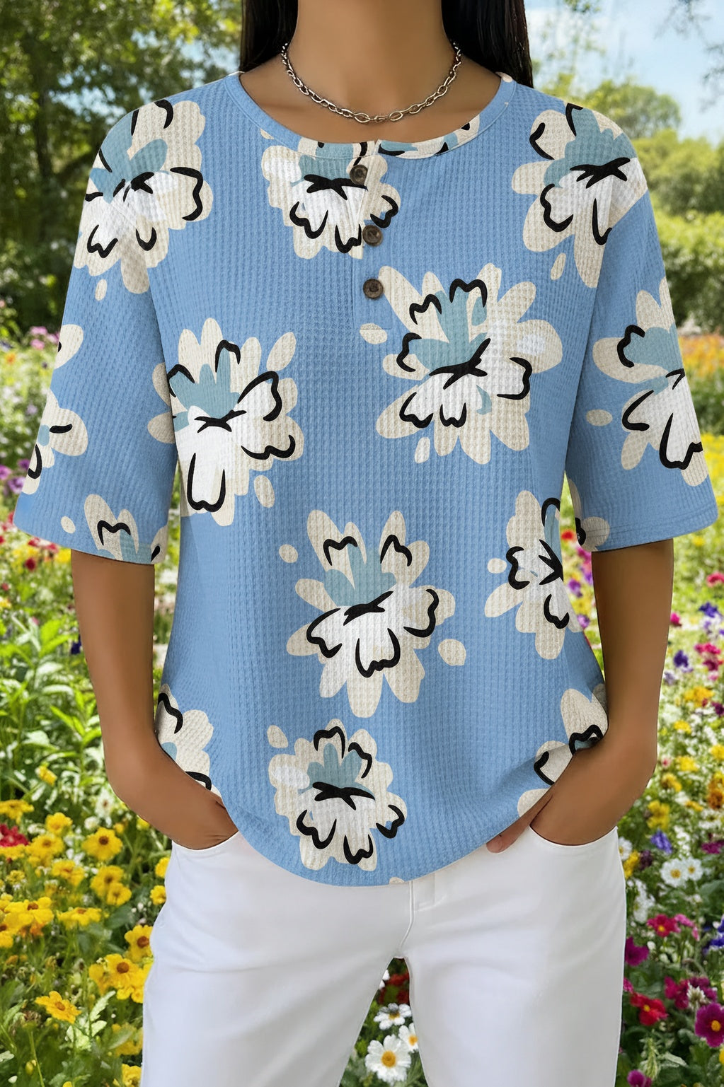 Floral Print Waffle Knit Short Sleeve Henley Top